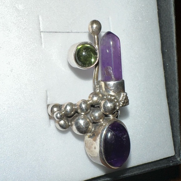 Vintage 925 Sterling Silver Biomorphic Amethyst Peridot Gemstone Ring. - Picture 8 of 9